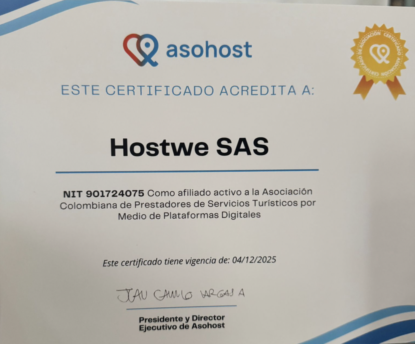 Certificado de afiliación activa a Asohost otorgado a Hostwe S.A.S.